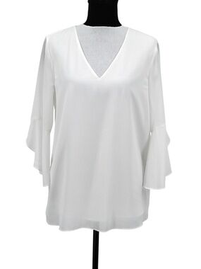 Calvin Klein White Chiffon V-Neck Blouse with Layered Bell Sleeves Size Small